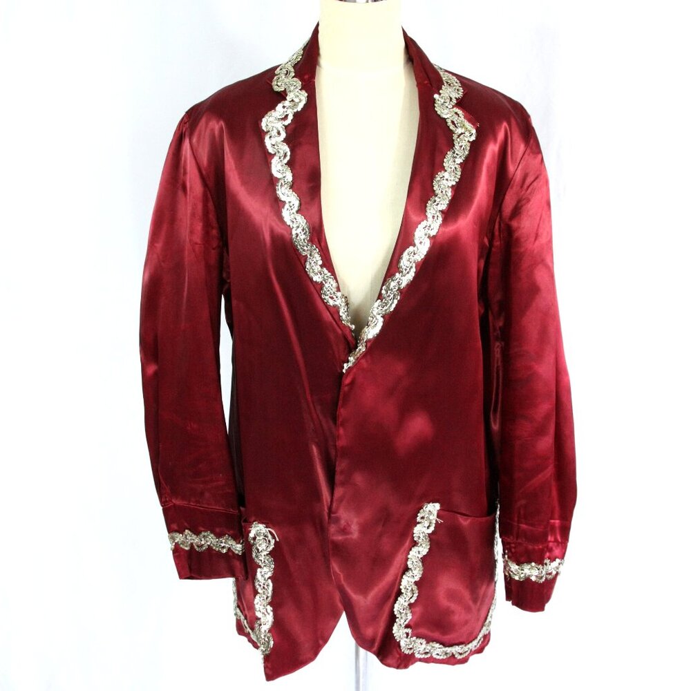 Vintage Handmade Satin Silver Sequin Trim Jacket Blazer Maroon Red Costume M